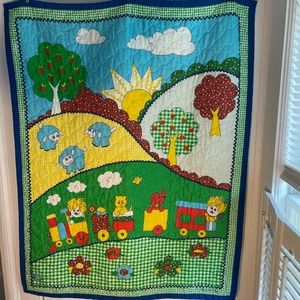 Vintage That's Our Baby Quilted Baby Blanket Sheep Train Green Gingham 34" x 44"